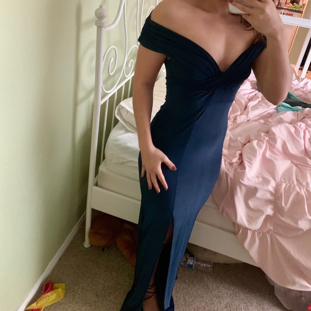 Off shoulder navy blue maxi split dress
